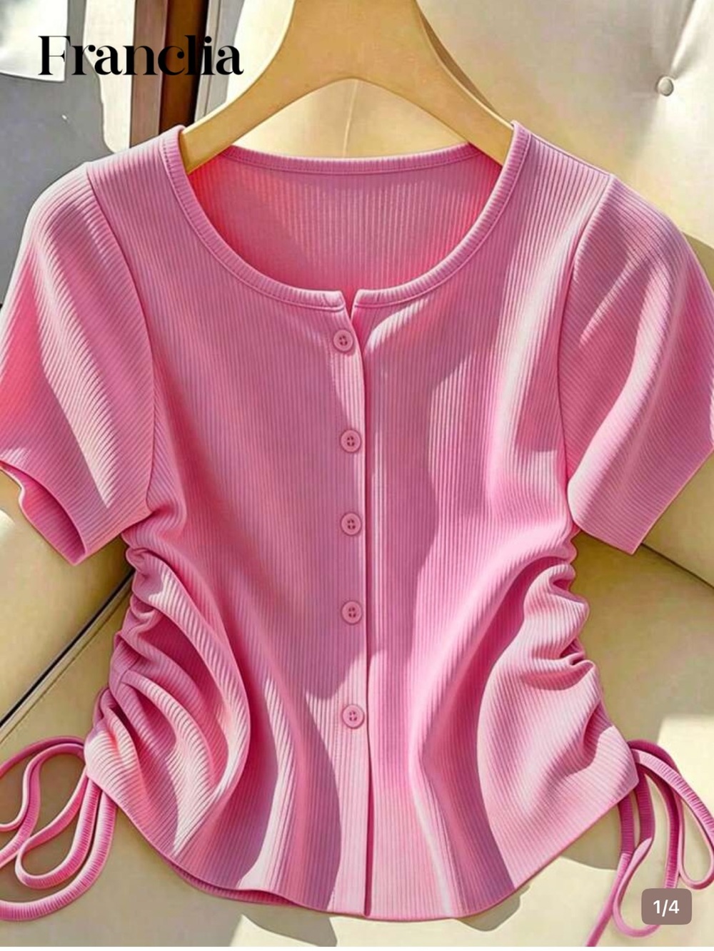Pink Ribbed Button-Front Short Sleeve Top